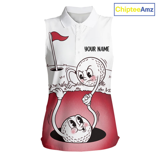 Red Funny Sleeveless Golf Rescue Team Polo Shirt Custom Name, Golf Ball Cartoon Polo, White Golf Shirt NBT601