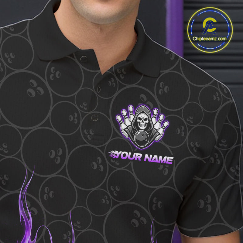 Close-up of purple fire flame Grim Reaper skull print on custom bowling shirt