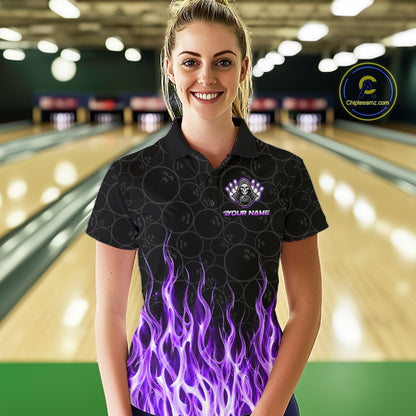 Custom Purple Fire Flame Grim Reaper Skull Bowling Women polo & 1/4 Quarter Zip Shirt, Halloween Outfit NBT900