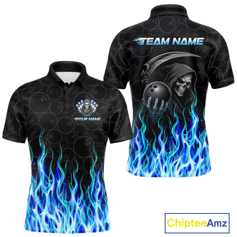 Front and back view of custom blue fire flame Grim Reaper skull bowling men’s polo shirt