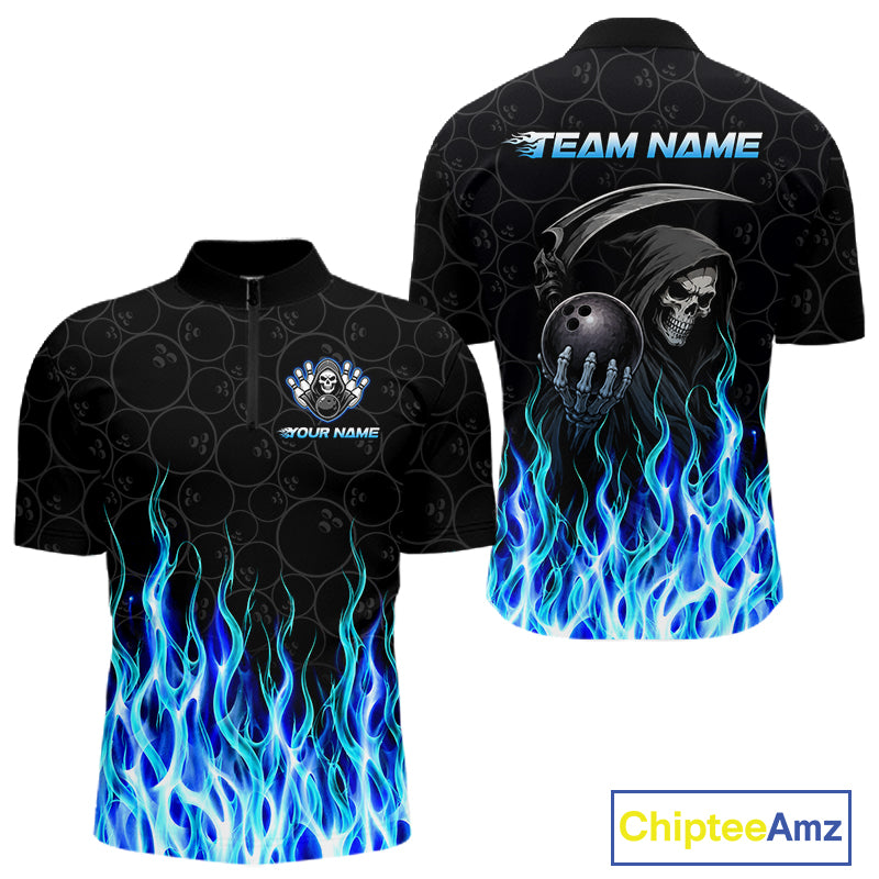 Front and back view of custom blue fire flame Grim Reaper skull bowling quarter zip shirt for men