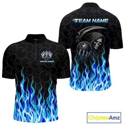 Front and back view of custom blue fire flame Grim Reaper skull bowling quarter zip shirt for men