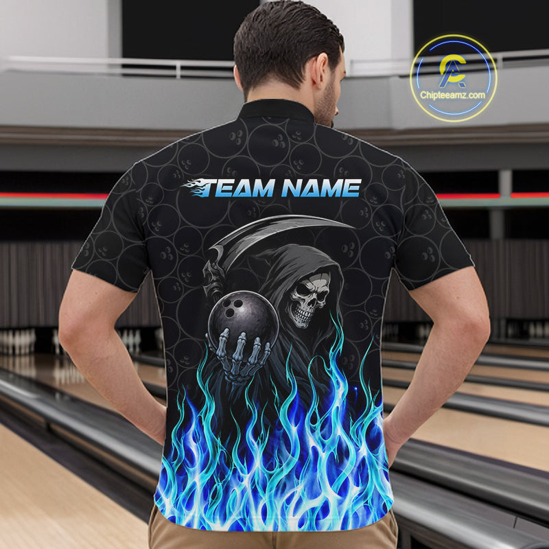 Back view of custom purple fire flame Grim Reaper skull bowling polo shirt for men

