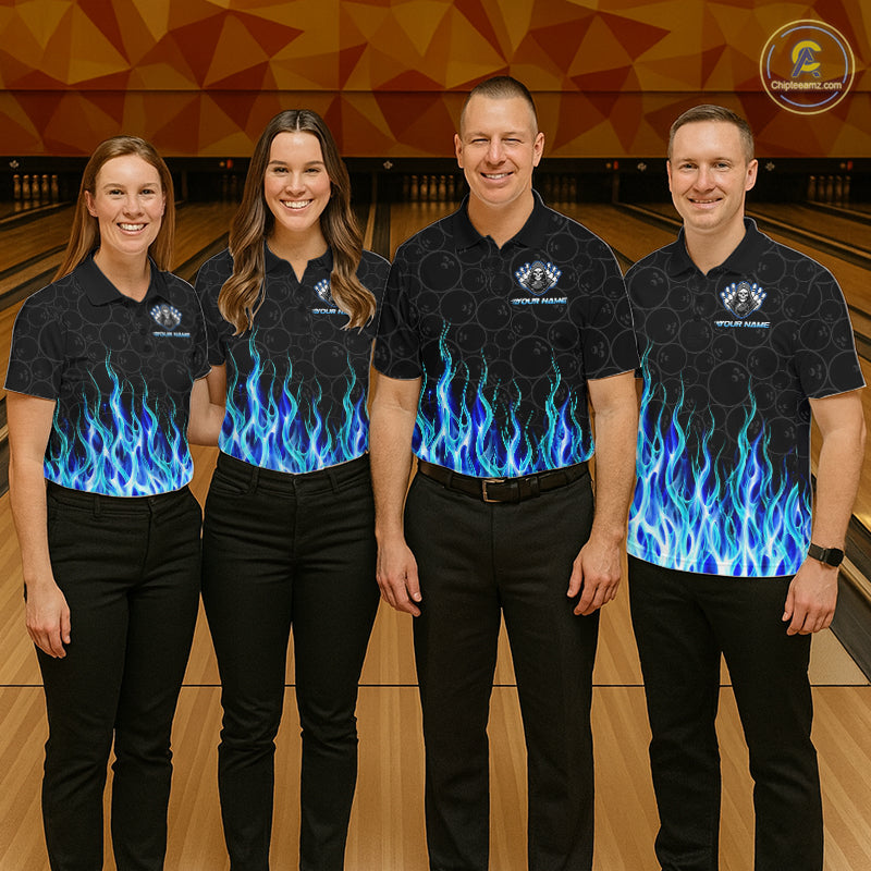Bowling team wearing matching custom blue fire flame Grim Reaper skull bowling jerseys with personalized names