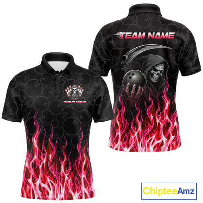 Front and back view of custom red fire flame Grim Reaper skull bowling men’s polo shirt