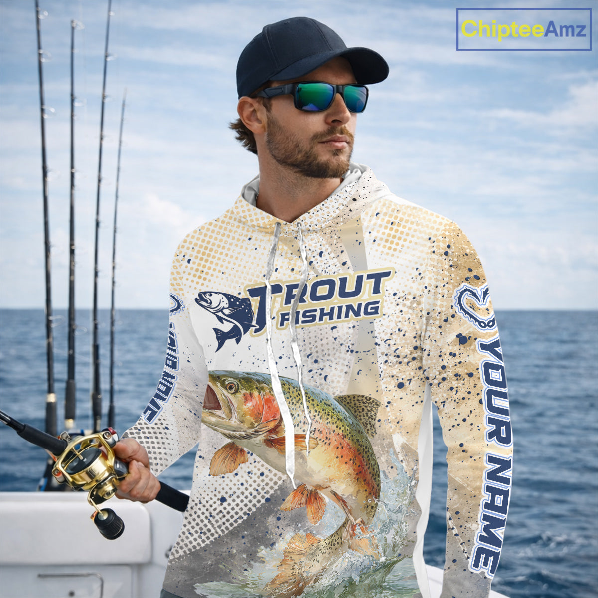 Rainbow Trout Fishing Shirt Long Sleeve Hooded Gray Beige Camo, Trout UPF Fishing Shirts NBT414