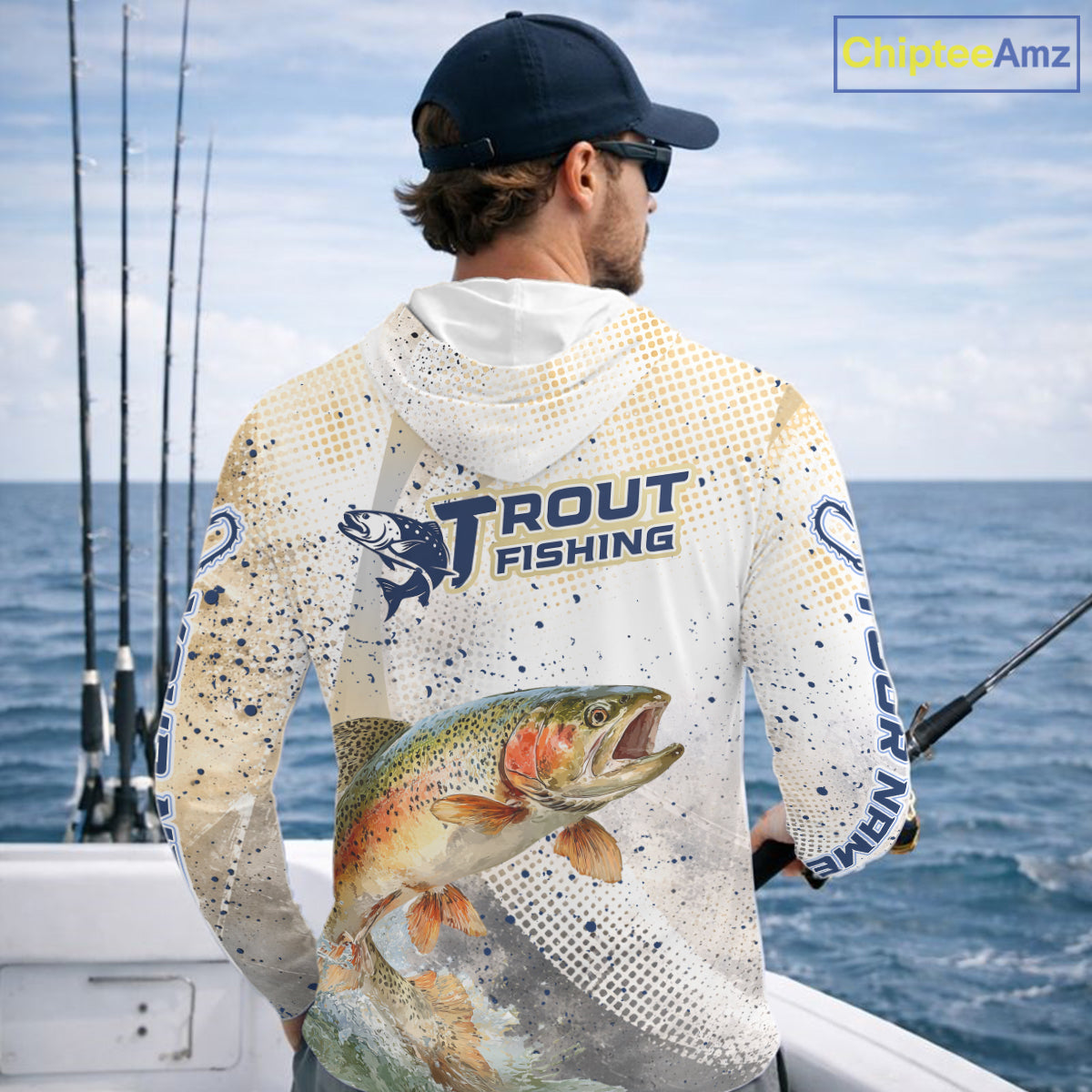 Rainbow Trout Fishing Shirt Long Sleeve Hooded Gray Beige Camo, Trout UPF Fishing Shirts NBT414