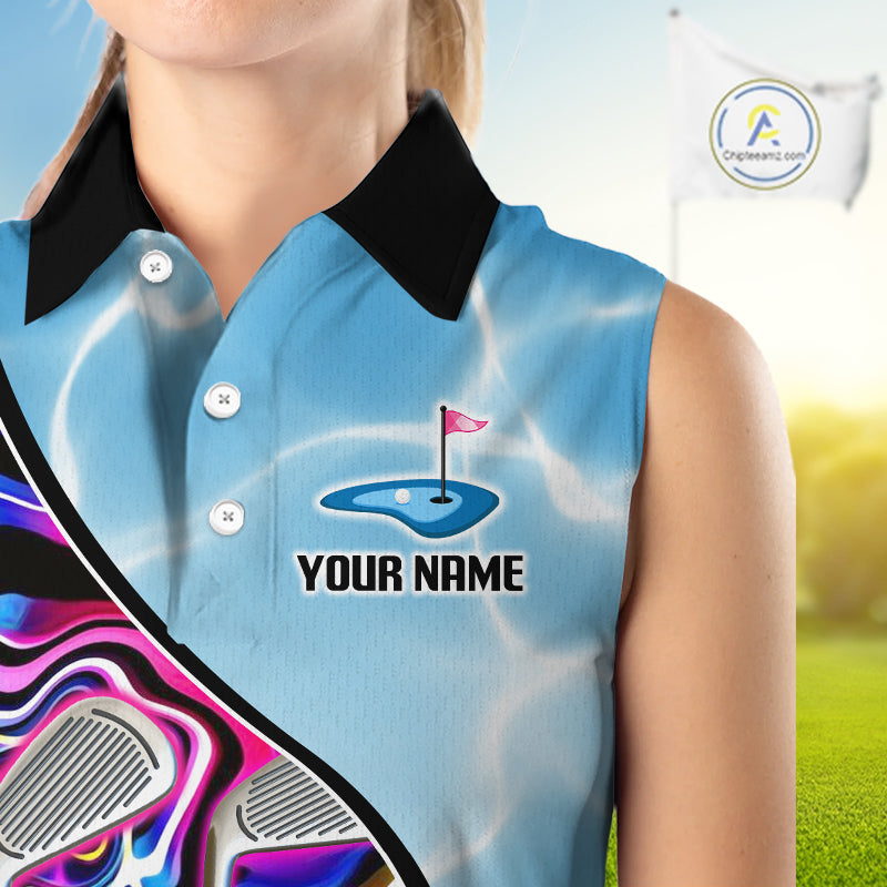 Womens Sleeveless Golf Polo Shirt Holographic Marble Golf Pattern For Team, Golf Attire For Women|Blue NBT724