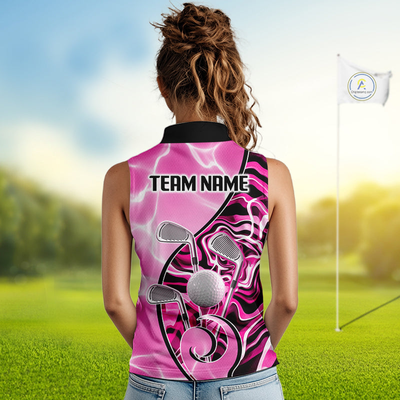 Womens Sleeveless Golf Polo Shirt Holographic Marble Golf Pattern For Team, Golf Attire For Women|Pink NBT726