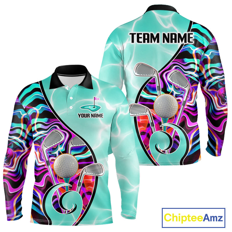 Mens Golf Polo Shirt Holographic Marble Golf Pattern For Team, Golf Attire For Men|Turquoise NBT728