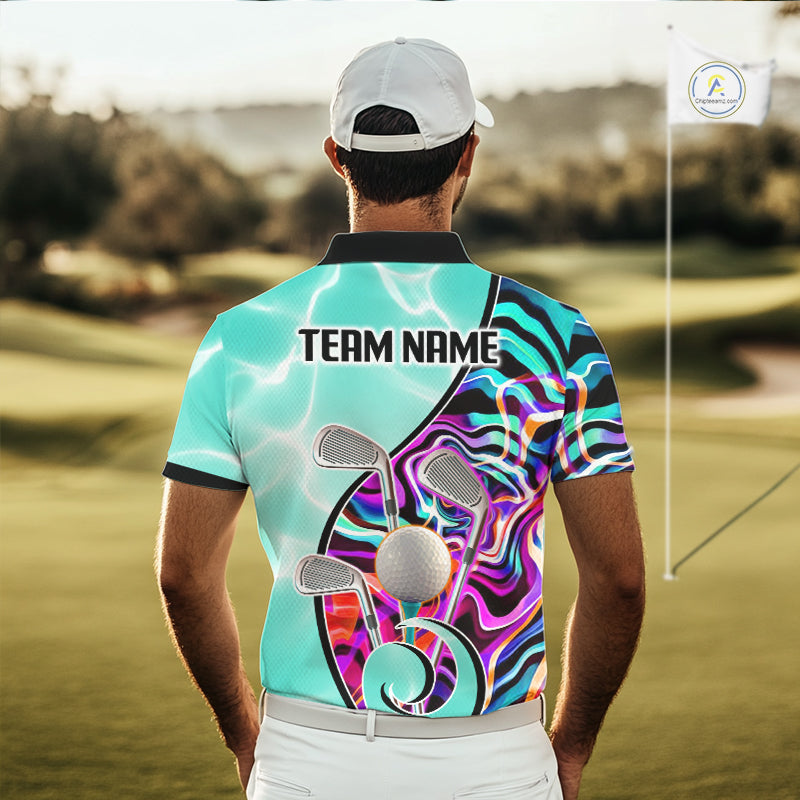 Mens Golf Polo Shirt Holographic Marble Golf Pattern For Team, Golf Attire For Men|Turquoise NBT728