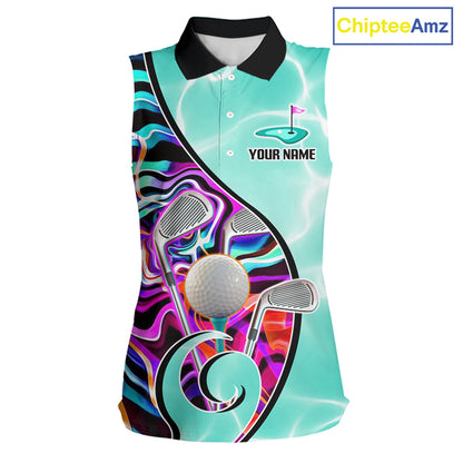 Womens Sleeveless Golf Polo Shirt Holographic Marble Golf Pattern For Team, Golf Attire For Women|Turquoise NBT728
