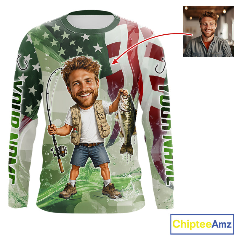 Custom Photo Funny Bass Fishing Shirts Long Sleeve American Flag For Men, Funny Bass Fishing Team|Green NBT731