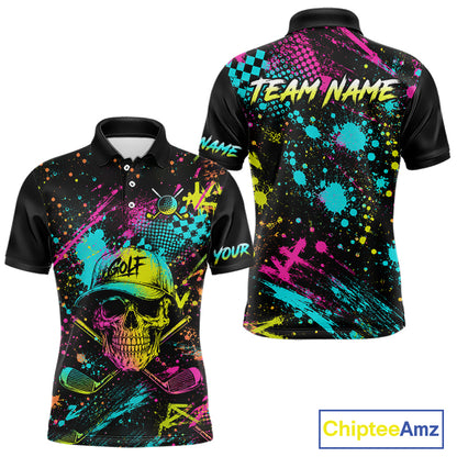 Golf Skull Graffiti Mens Golf Polo Shirt front and back view - streetwear skull graffiti design, breathable polyester fabric, short sleeve Polo tailored fit, custom team shirt