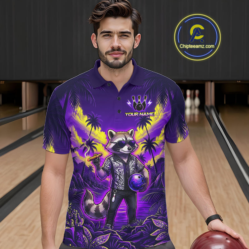 Bowler wearing funny cool raccoon bowling ball blue tropical team shirt on the lanes