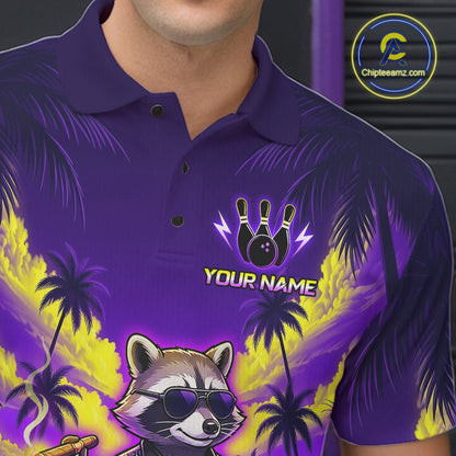 Close-up of pfunny cool raccoon bowling ball blue tropical bowling jersey for men