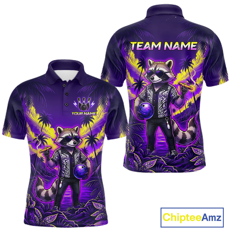 Front and back view of funny cool raccoon bowling ball shirt for men in blue tropical team polo style