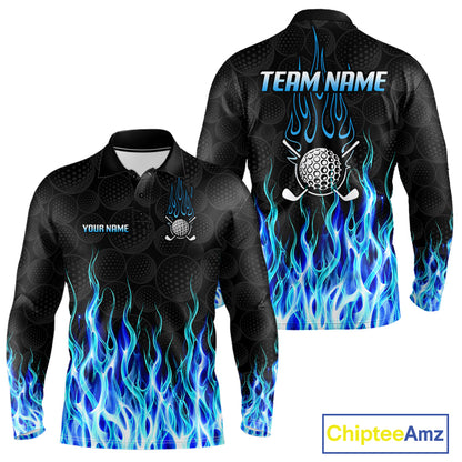 Mens long sleeve golf polo shirt blue flame pattern - front and back view, custom name available