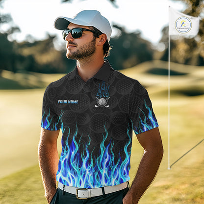 Golf polo shirt blue flame pattern black button detail, breathable fabric cool and comfortable