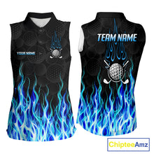 Load image into Gallery viewer, Womens sleeveless golf polo shirt front and back view, custom team name, tailored fit for perfect golf swing