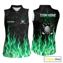 Load image into Gallery viewer, Womens sleeveless golf polo shirt front and back view, custom team name, tailored fit for perfect golf swing