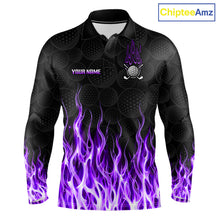Load image into Gallery viewer, Mens golf polo shirt purple flame pattern - front view, custom name available