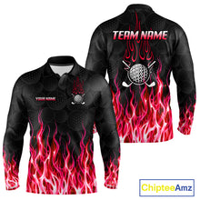 Load image into Gallery viewer, Mens long sleeve golf polo shirt red flame pattern - front and back view, custom name available