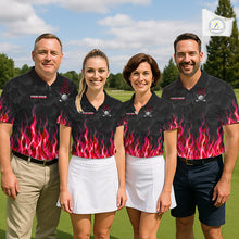 Load image into Gallery viewer, Golf team wearing matching red flame pattern polo shirts, custom name &amp; team name, tailored fit