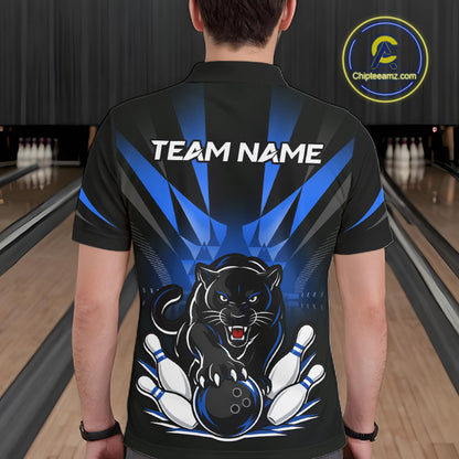 Bowler wearing custom black and blue leopard bowling polo team jersey on the lanes - back view 