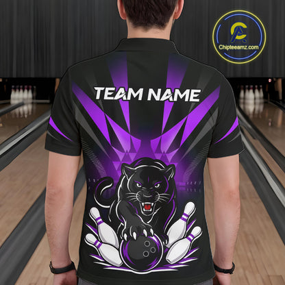 Bowler wearing custom black and purple leopard bowling polo team jersey on the lanes