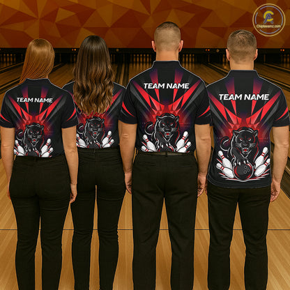 Custom Black And Red Leopard Bowling Jerseys, Leopard Bowling Team Men Polo & 1/4 Quarter-Zip Shirts NBT917