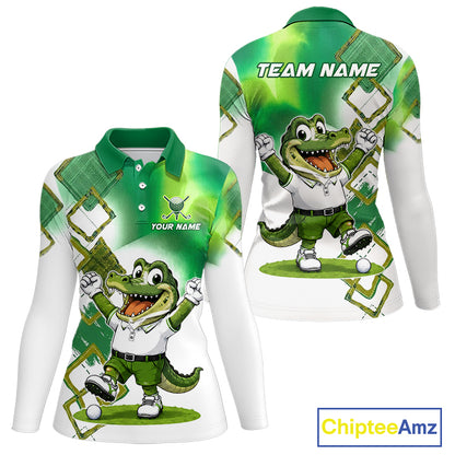 Funny Alligator Womens Golf Polo Shirt Custom Name, Team Golf Shirts, Golf Gifts | Green NBT839