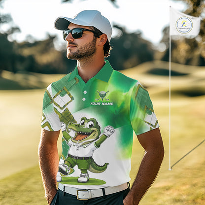 Model wearing funny alligator mens golf polo shirt with custom name in green, team golf shirts and unique golf gifts outfit