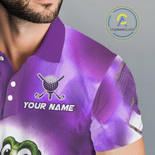 Load image into Gallery viewer, Purple polo shirt with golf-themed design and 'Your Name' text on the chest