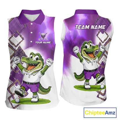 Funny Alligator Womens Sleeveless Golf Polo Shirt Custom Name, Team Golf Shirts, Golf Gifts | Purple NBT840