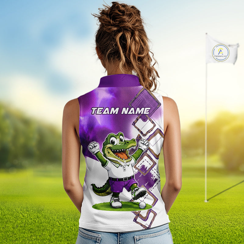 Funny Alligator Womens Sleeveless Golf Polo Shirt Custom Name, Team Golf Shirts, Golf Gifts | Purple NBT840
