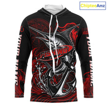 Load image into Gallery viewer, Front view of Custom Marlin Fishing Ocean Camo Long Sleeve Hooded Fishing Shirt Marlin Saltwater Fishing Jersey, UPF 30+ long sleeve fishing shirt with marlin graphic and Your Name on sleeves
