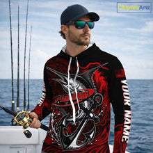 Load image into Gallery viewer, Angler wearing Custom Marlin Fishing Ocean Camo Long Sleeve Hooded Fishing Shirt Marlin Saltwater Fishing Jersey, breathable UPF 30+ long sleeve hooded fishing shirt on the boat