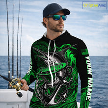 Load image into Gallery viewer, Angler wearing Custom Marlin Fishing Ocean Camo Long Sleeve Hooded Fishing Shirt Marlin Saltwater Fishing Jersey, breathable UPF 30+ long sleeve hooded fishing shirt on the boat