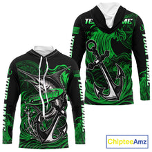 Load image into Gallery viewer, Front and back view of Custom Marlin Fishing Ocean Camo Long Sleeve Hooded Fishing Shirt Marlin Saltwater Fishing Jersey, UPF 30+ long sleeve fishing shirt with marlin graphic and Your Name on sleeves