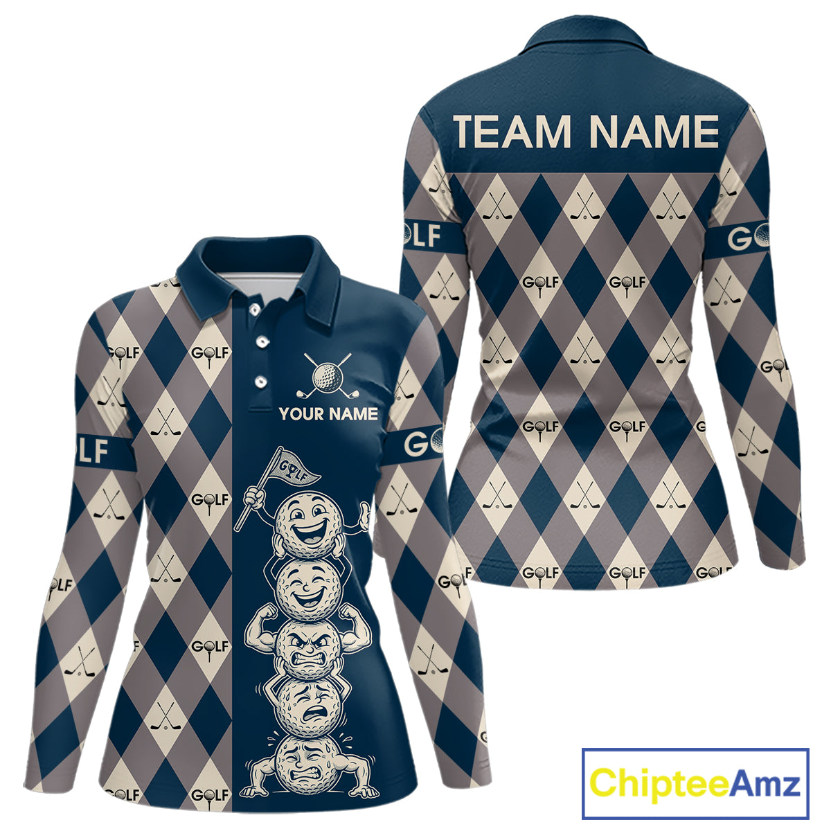 Funny Golf Ball Womens Golf Polo Shirts Custom Blue Argyle Pattern Golf Attire For Ladies, Golfer Gifts NBT627