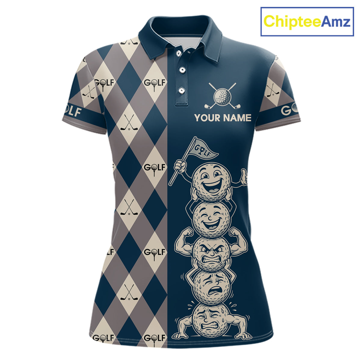 Funny Golf Ball Womens Golf Polo Shirts Custom Blue Argyle Pattern Golf Attire For Ladies, Golfer Gifts NBT627