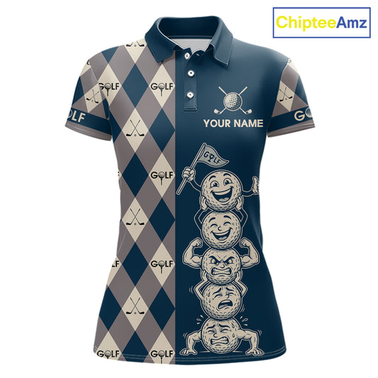 Funny Golf Ball Womens Golf Polo Shirts Custom Blue Argyle Pattern Golf Attire For Ladies, Golfer Gifts NBT627