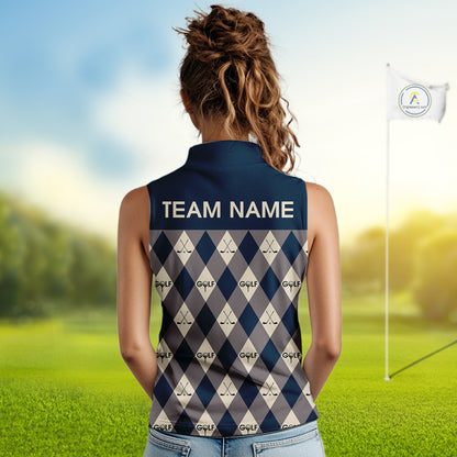 Funny Golf Ball Womens Sleeveless Golf Polo Shirts Custom Blue Argyle Pattern Golf Attire For Ladies, Golfer Gifts NBT627