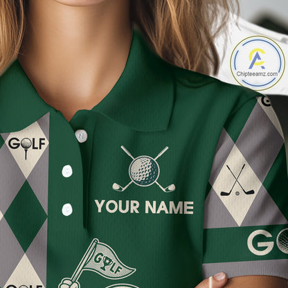 Funny Golf Ball Womens Golf Polo Shirts Custom Green Argyle Pattern Golf Attire For Ladies, Golfer Gifts NBT628