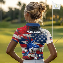 Load image into Gallery viewer, Golfer wearing funny womens polo golf shirt American Flag custom shark golf shirt personalized golf gift for women 