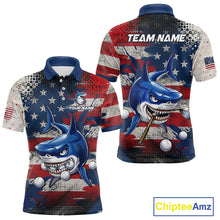 Load image into Gallery viewer, Front and back view funny mens polo golf shirt American Flag custom shark golf shirt with large shark design