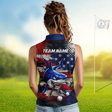 Load image into Gallery viewer, Golfer wearing funny womens polo golf shirt American Flag custom shark golf shirt personalized golf gift for women 