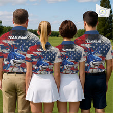 Load image into Gallery viewer, Four person golf team wearing funny mens long sleeve polo golf shirt American Flag custom shark golf shirts back view