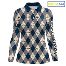 Load image into Gallery viewer, Blue Argyle Plaid Pattern Womens Golf Polo Shirts Custom Golf Attire For Ladies, Team Golf Shirt NBT636